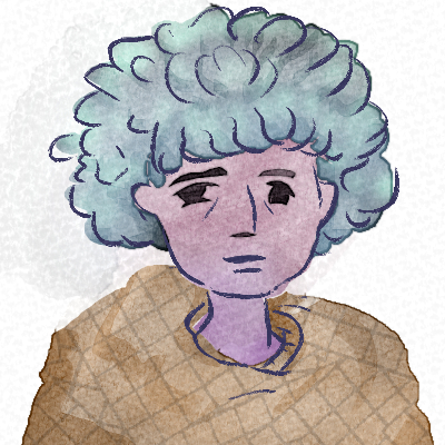 A green haired femme person with lavender skin