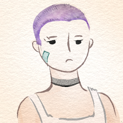 A green haired femme person with lavender skin